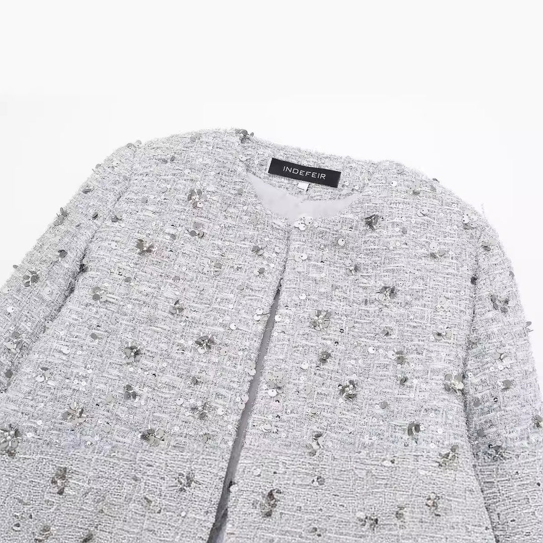 Damen elegante Tweedjacke mit funkelnden Pailletten und strukturiertem Design EB