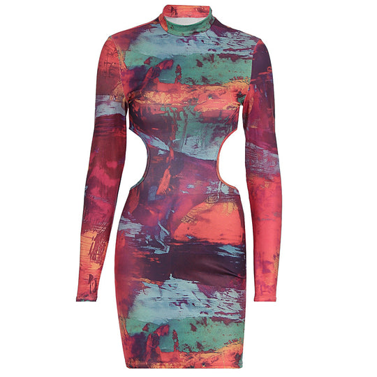 Damen figurbetontes Cut-Out Kleid mit hochgeschlossenem Kragen und luxuriösem Muster EB