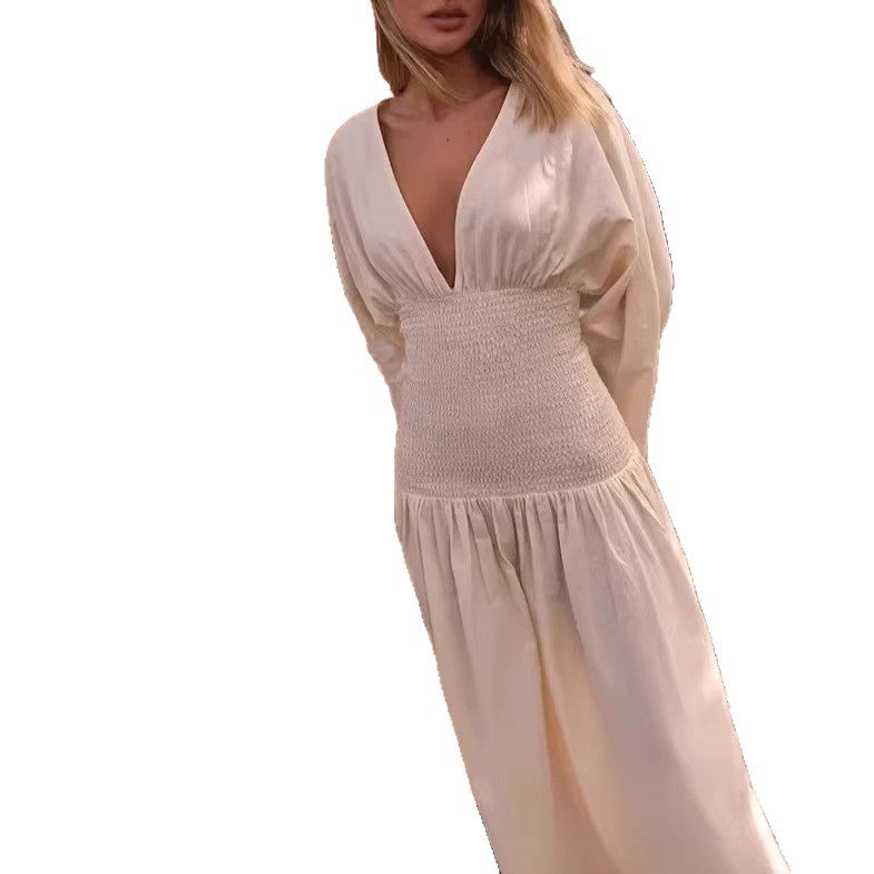 Damen Langes Boho-Maxi-Kleid mit Smock-Taillenband, tiefem V‑Ausschnitt und weiten Ballonärmeln EB