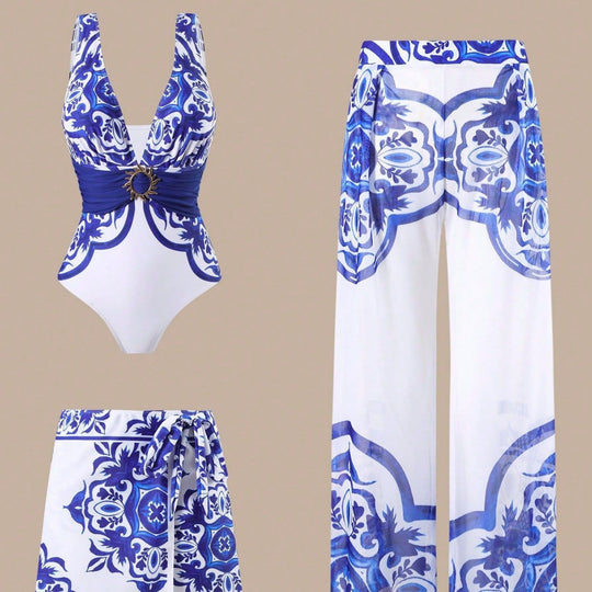 Damen Eleganter Badeanzug mit passendem Strandhosen-Set EB