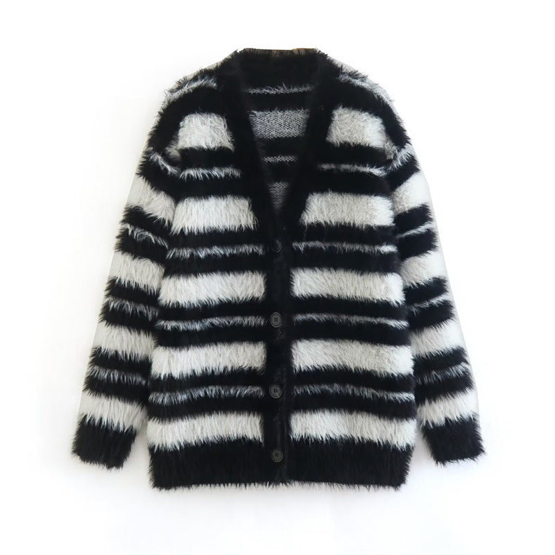 Damen Gemütlicher Strickcardigan mit modernem Streifenmuster und weichem Material EB