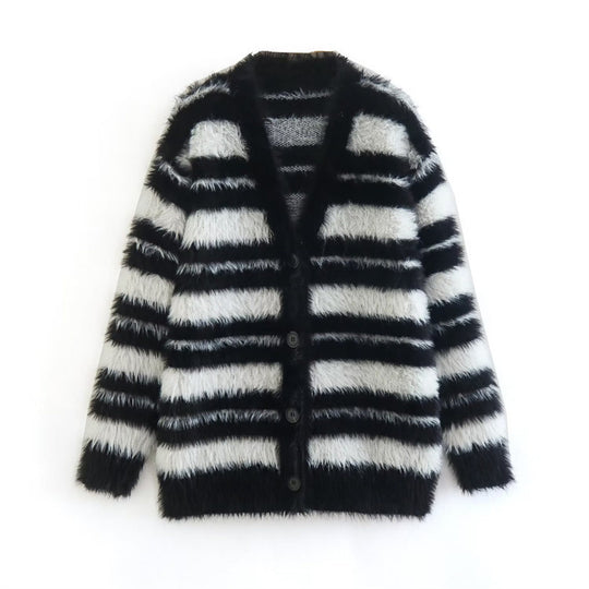 Damen Gemütlicher Strickcardigan mit modernem Streifenmuster und weichem Material EB
