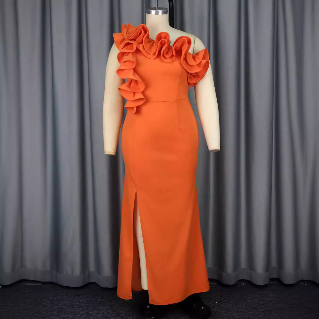 Damen Elegantes Maxikleid mit asymmetrischen Rüschen und Schlitz EB