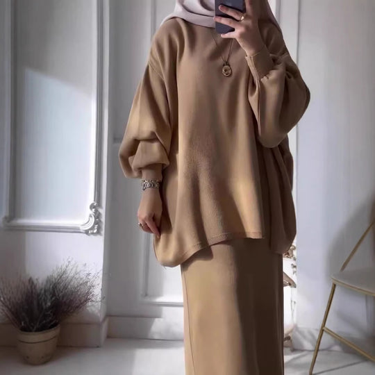 Damen Lässiges Zweiteiler-Kleidungsset mit weitem Schnitt und eleganten Puffärmeln EB
