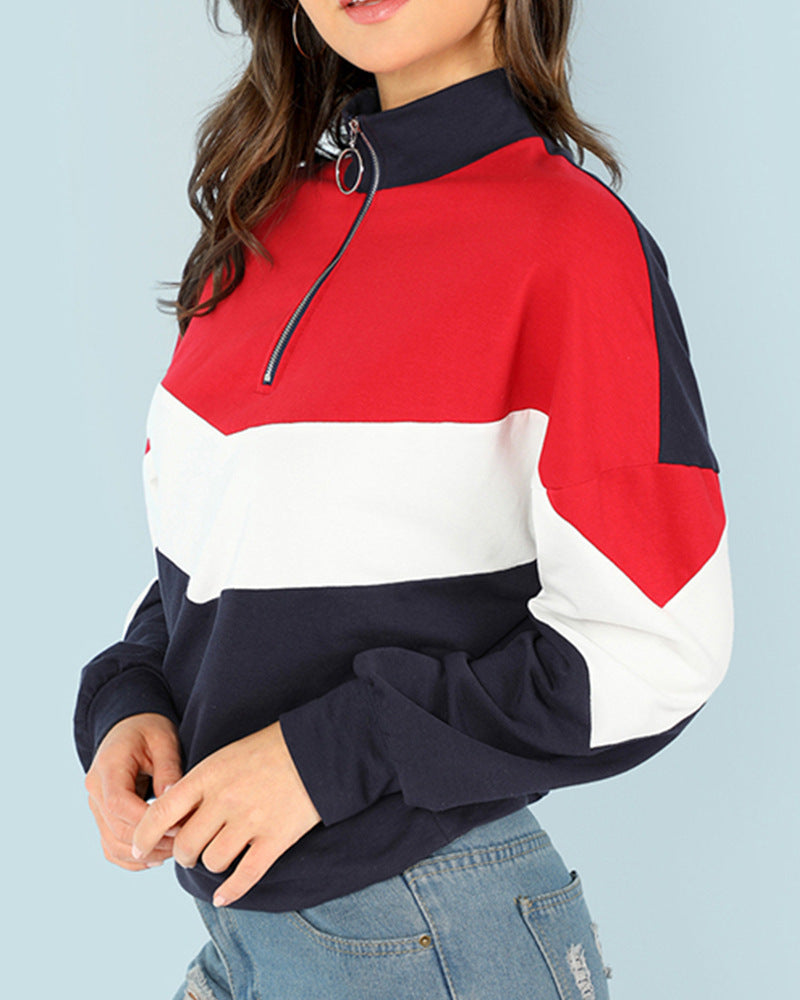 Damen sportlicher Sweatshirt mit hohem Kragen und farblich abgesetztem Design EB