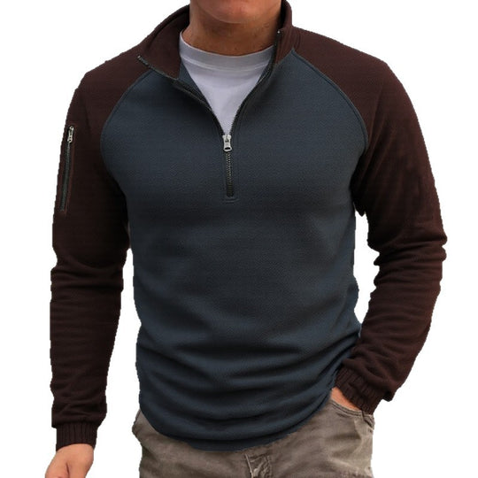 Herren nan slimfit Halbzip-Pullover mit Raglanärmeln, Waffelstruktur und Ärmeltasche EB