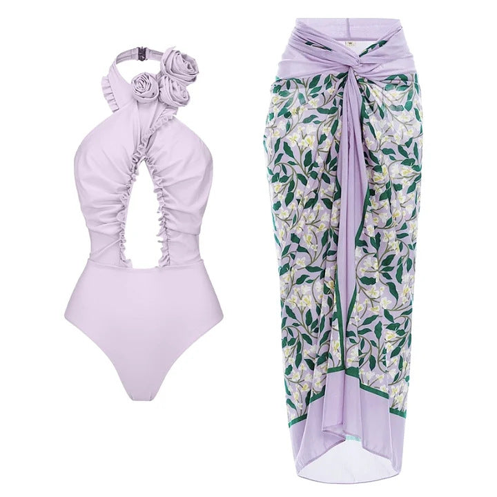 Damen Einteiliger Badeanzug mit floralem Cut-Out und Rüschen EB