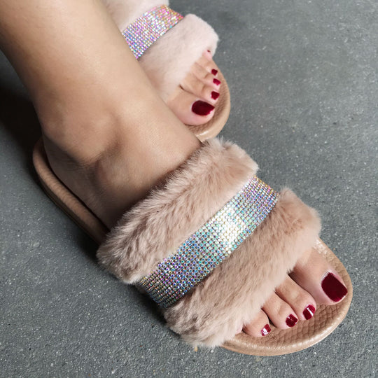 Damen Flauscher Slides mit Strass-Applikation EB