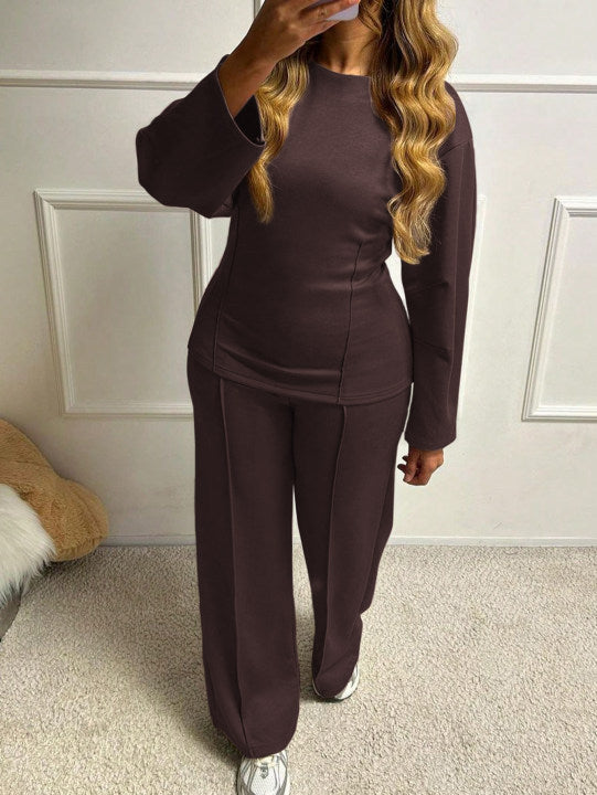 Damen nan weiches Lounge-Set mit tailliertem Sweatshirt, formgebenden Nahtdetails und weitem Palazzohosen-Bein EB
