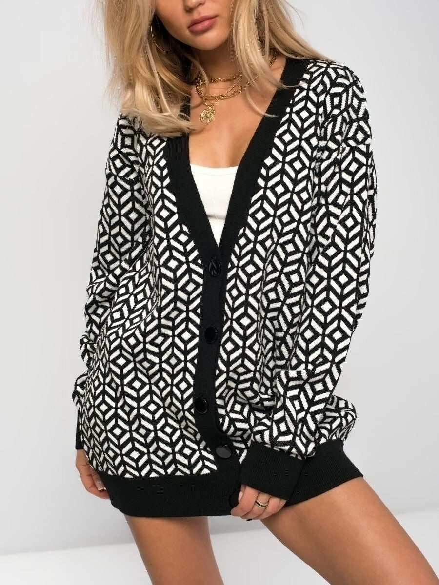 Damen Grober Strickjacke mit V-Ausschnitt und auffälligem Muster EB