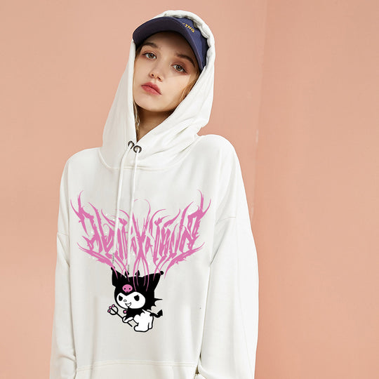 Damen nan lockeres Kapuzensweatshirt aus angerautem Fleece mit Kängurutasche und kawaii-Charakter-Print EB