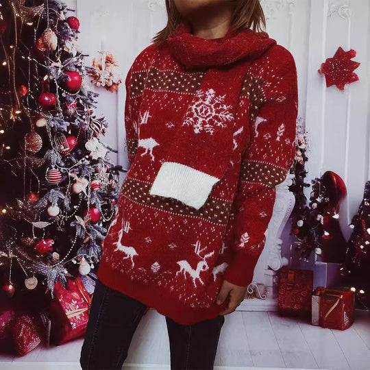 Damen Strickpullover mit festlichem Rentier-Motiv und hohem Kragen EB
