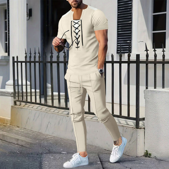 Herren modisches Kurzarm-Henley-T-Shirt mit strukturiertem Design und dekorativer Schnürung EB