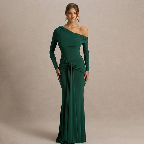 Damen figurbetontes Maxikleid mit asymmetrischem Design und Faltenwurf EB
