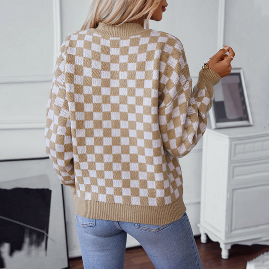 Damen lässiger V-Ausschnitt Pullover mit Karo-Muster und lockerer Passform EB