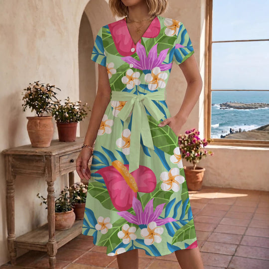 Damen Midi Kleid mit floralen Akzenten und tailliertem Schnitt EB
