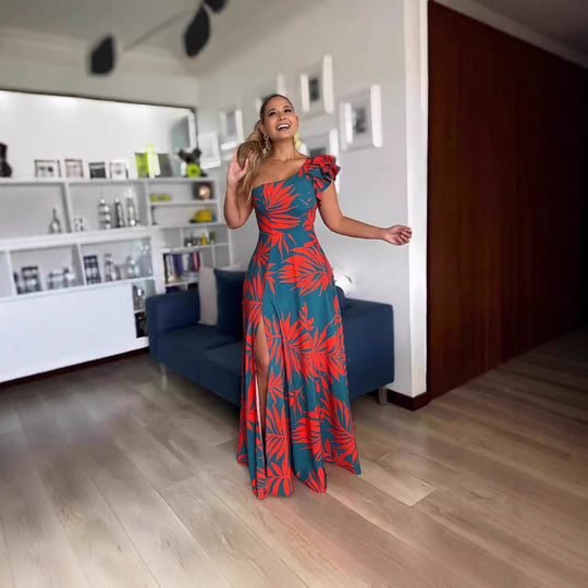 Damen Maxikleid mit asymmetrischen Rüschen und hohem Schlitz EB