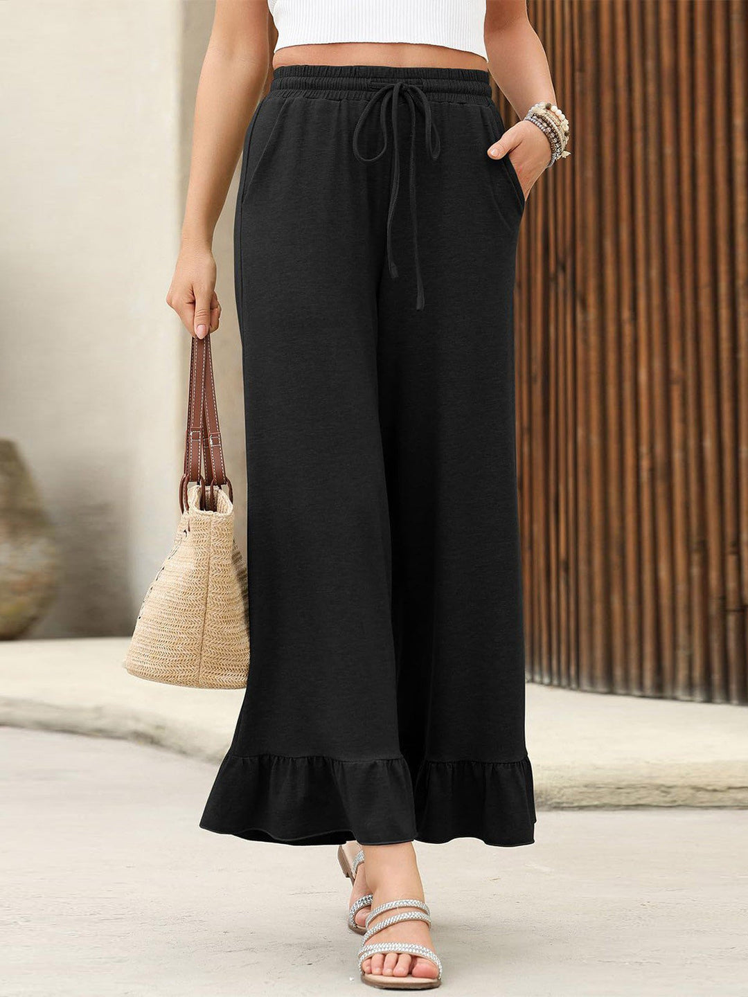 Damen Weite Palazzo-Hose mit Rüschen und elastischem Bund EB