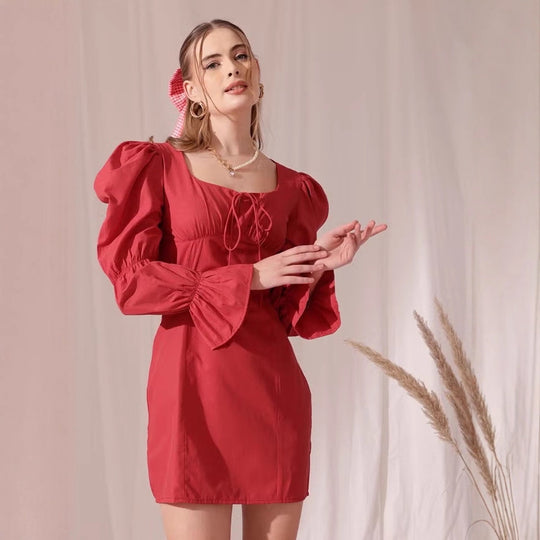 Damen Puffärmeliges Mini-Kleid mit eckigem Ausschnitt, Kordel-Bustier und Glockenärmeln EB