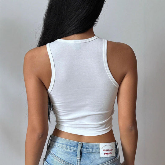 Damen Cropped Tanktop mit kreativem Schriftzug und lebhaftem Design EB