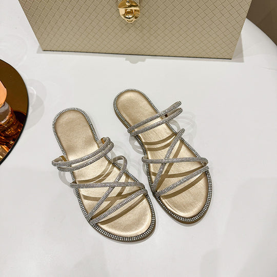 Damen Glamouröse Slide-Sandalen mit funkelnden Riemen und komfortablem Fußbett EB