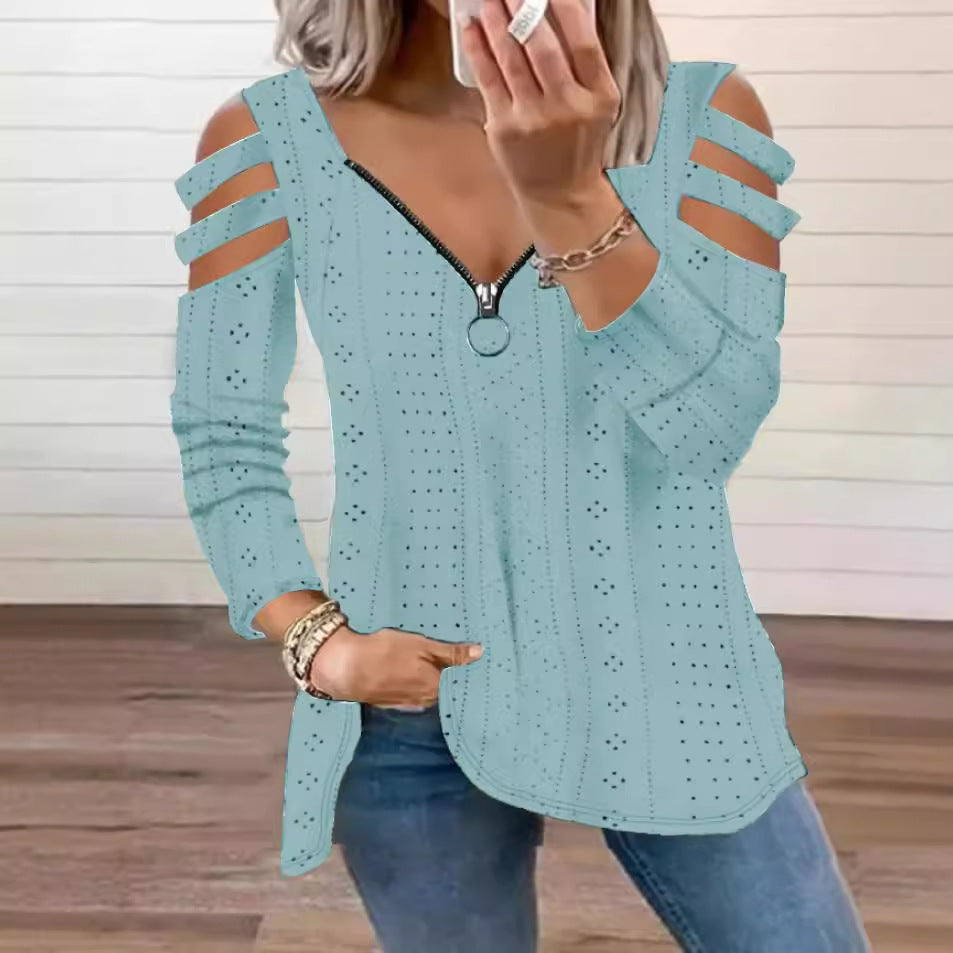 Damen modisches Oberteil mit Cut-Out-Ärmeln und tiefem V-Ausschnitt EB