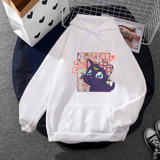 Damen nan Oversize-Kapuzenpullover mit glitzerndem Anime-Katzen-Motiv, Kängurutasche und weichem Fleece-Innenfutter EB