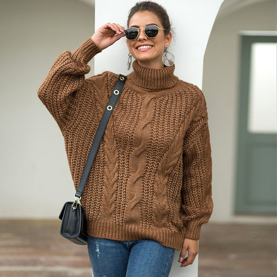 Damen Grobstrickpullover mit hohem Kragen und Zopfmuster EB