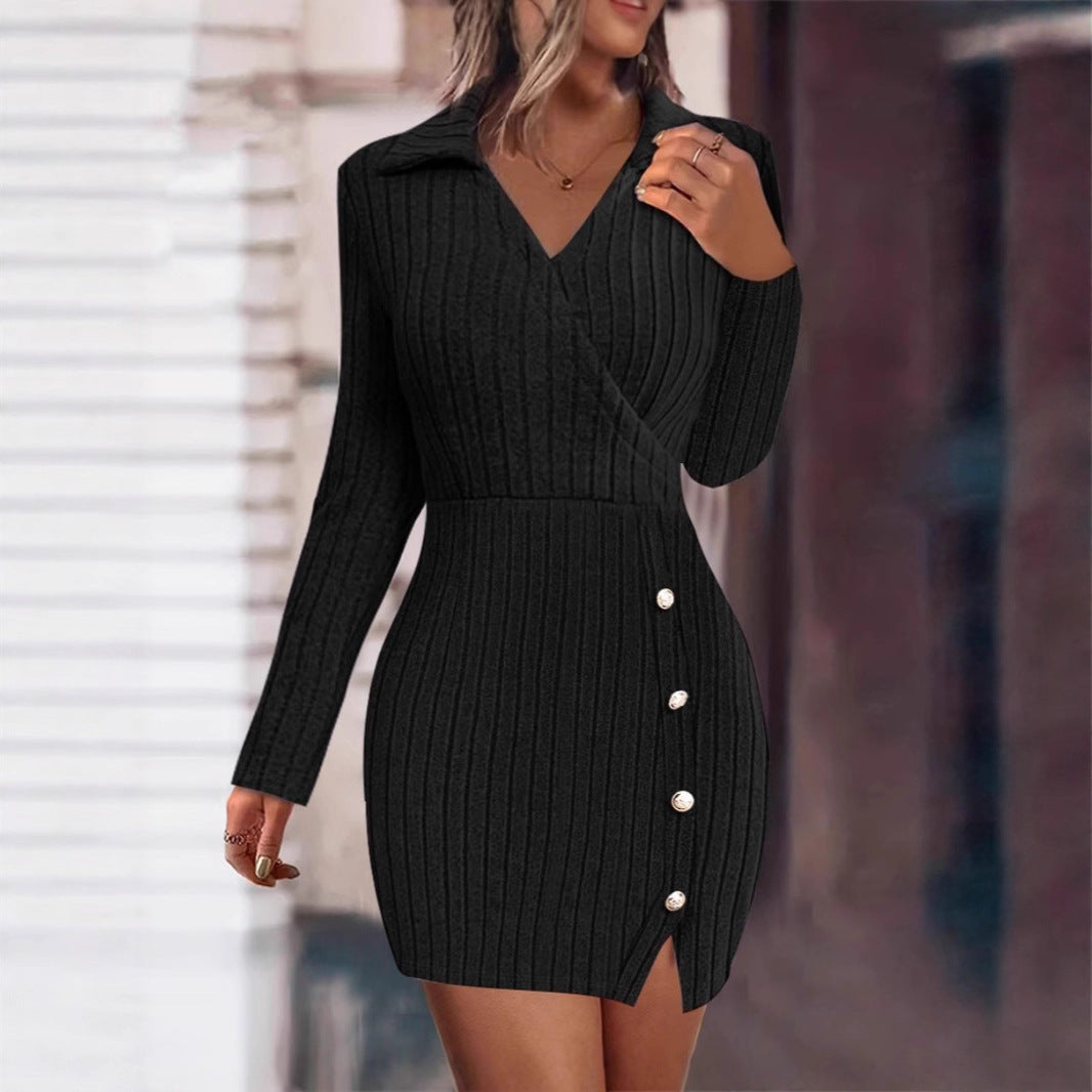 Damen Wickelkleid mit strukturiertem Design und dekorativen Knöpfen EB