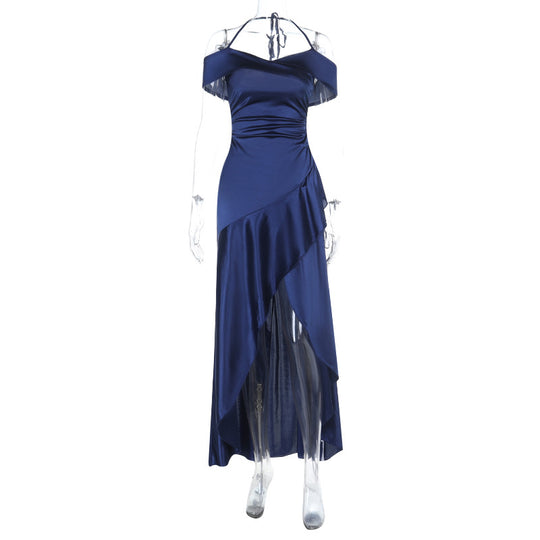 Damen schulterfreies Maxikleid mit asymmetrischem Saum und elegantem Wickeldesign EB