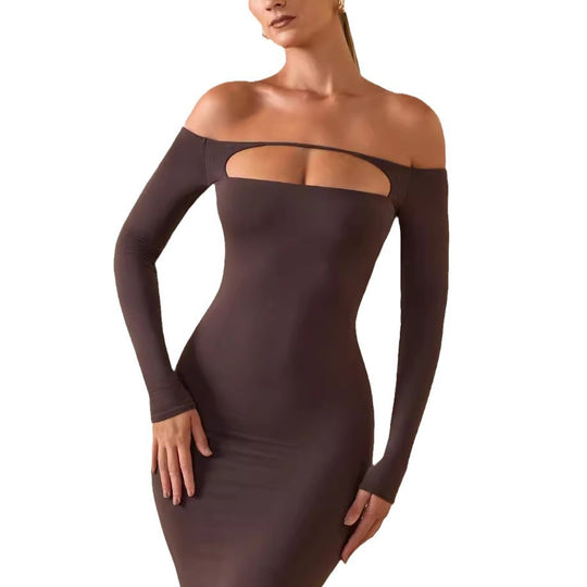 Damen Figurbetontes Langarmkleid mit Cut-Out-Design und schulterfreiem Stil EB
