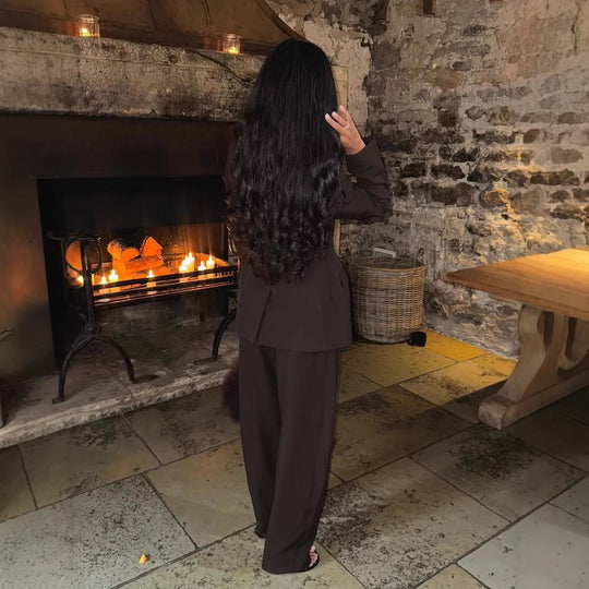 Damen Zweiteiliges maßgeschneidertes Blazer‑Hosen‑Set mit tailliertem Schnitt und weitem Palazzohosenbein EB