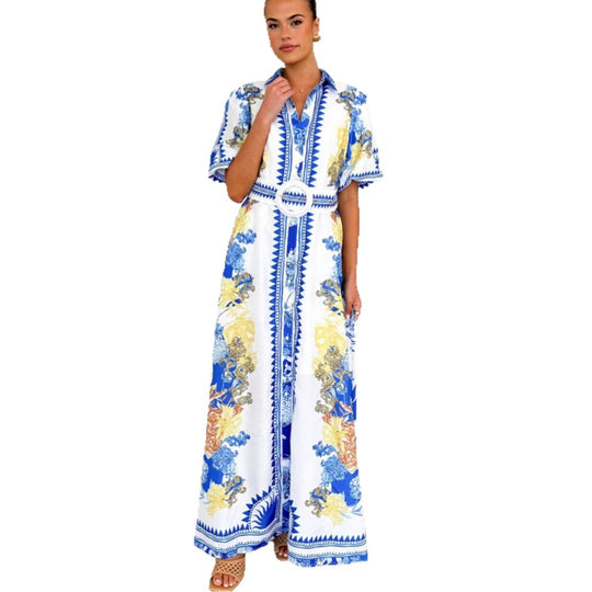 Damen Maxikleid mit floralem Knopfleisten-Design und tailliertem Gürtel EB
