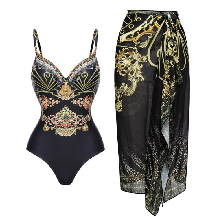 Damen Einteiler Badeanzug mit elegantem Design und passendem Wickeltuch EB