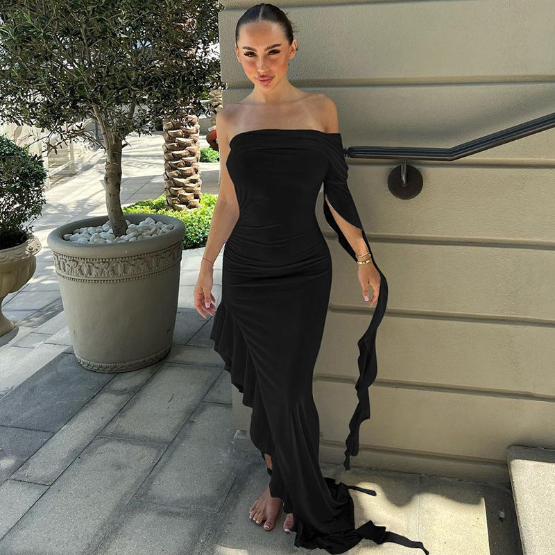 Damen Elegantes Off-Shoulder Maxikleid mit fließendem Stoff und bezaubernden Rüschen EB