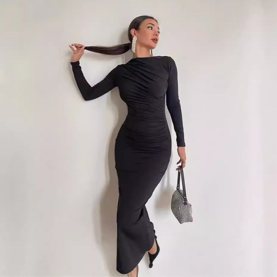 Damen nan gerafftes Maxikleid mit asymmetrischem Ausschnitt und taillierter Silhouette EB