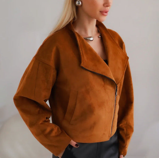 Damen Trendige Kurzjacke im lässigen Biker-Stil mit asymmetrischem Reißverschluss und tiefem Kragen EB