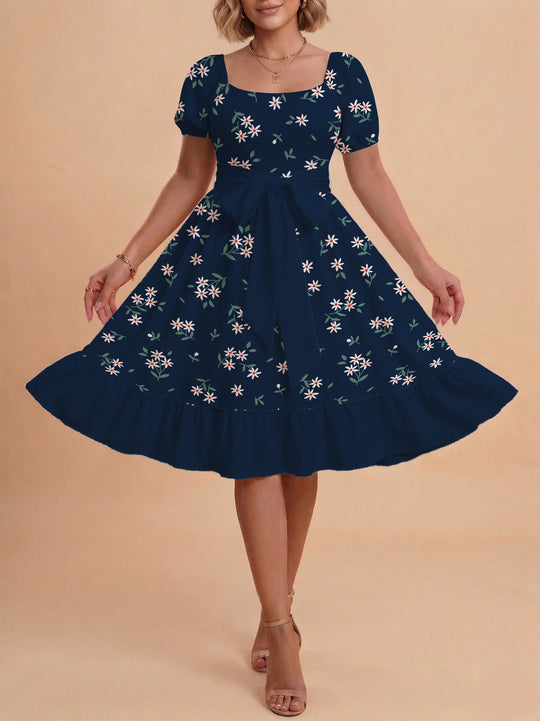 Damen Blumenkleid mit taillierbarem Gürtel und voluminösen Ärmeln EB