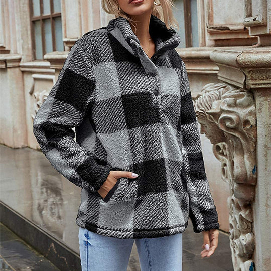 Damen Gemusterte Teddyjacke mit modernem Kragen und praktischen Taschen EB