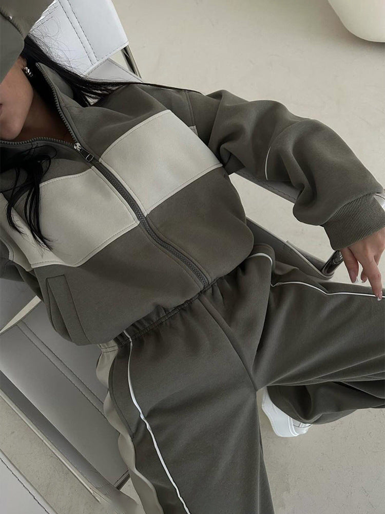 Damen nan sportives Jogginganzug-Set mit durchgehendem Reißverschluss, kontrastierendem Brustpanel und weitem Komfortbund EB