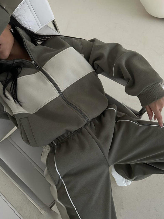 Damen nan sportives Jogginganzug-Set mit durchgehendem Reißverschluss, kontrastierendem Brustpanel und weitem Komfortbund EB