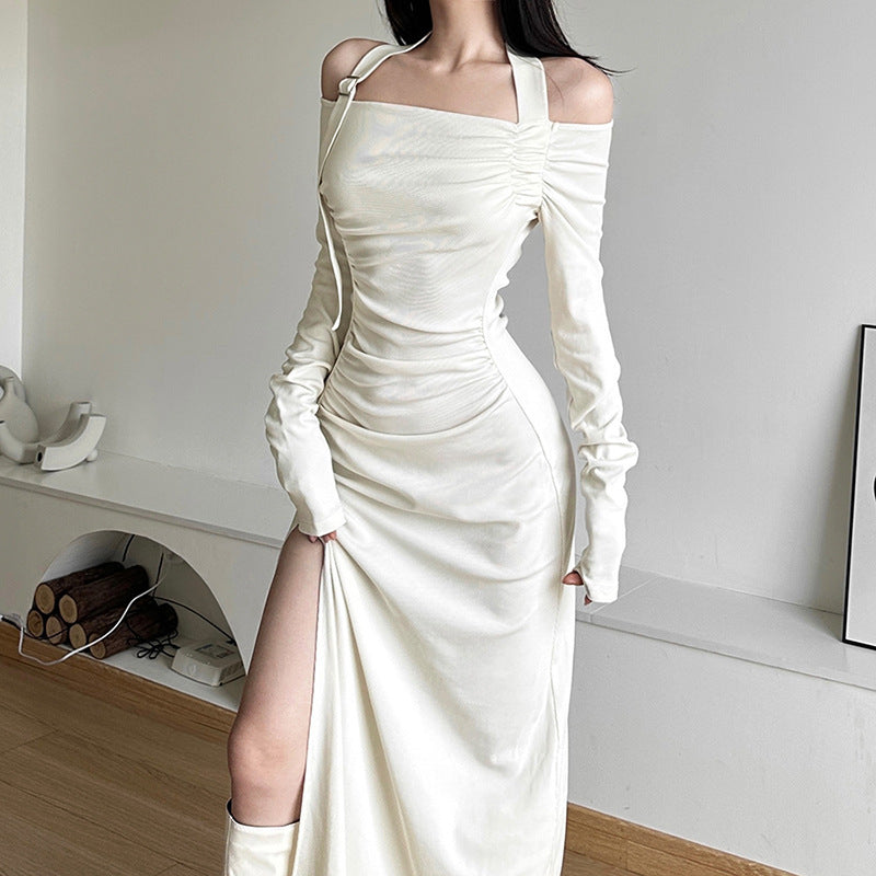 Damen Elegantes Maxikleid mit asymmetrischem Schulterdesign und raffinierten Rüschendetails EB