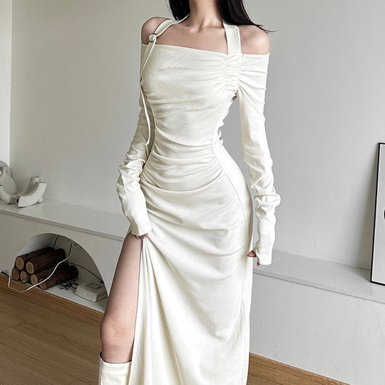 Damen Elegantes Maxikleid mit asymmetrischem Schulterdesign und raffinierten Rüschendetails EB