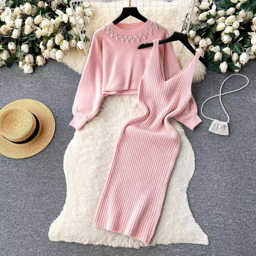 Damen Elegantes Strickkleid mit raffinierter Ribstruktur und stylischem Crop-Pullover EB