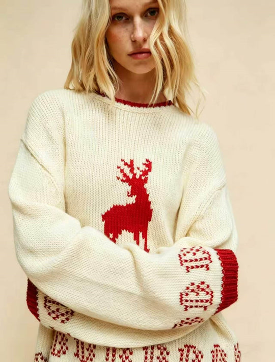 Damen Oversize Strickpullover mit Hirschintarsie, Rundhalsausschnitt und Norwegerbündchen EB