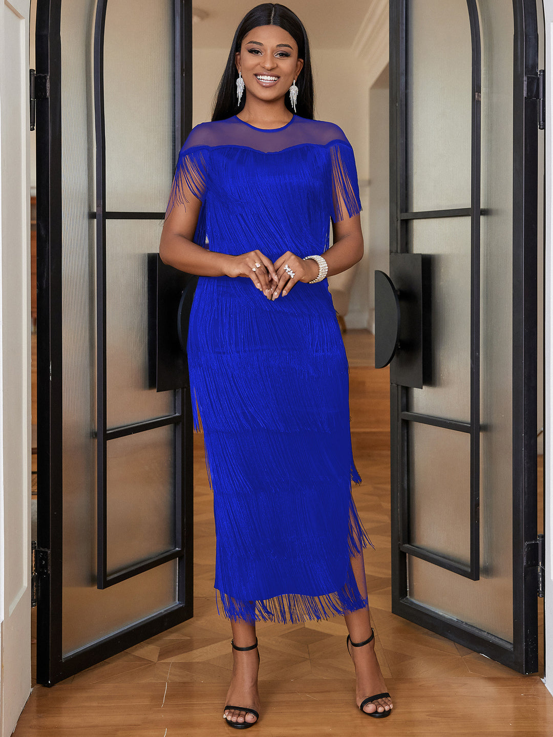 Damen Fransen Maxikleid mit halber Transparenz EB