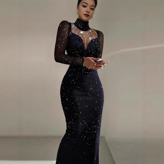 Damen Elegantes Abendkleid mit transparenten Ärmeln und schimmerndem Sternenmuster EB