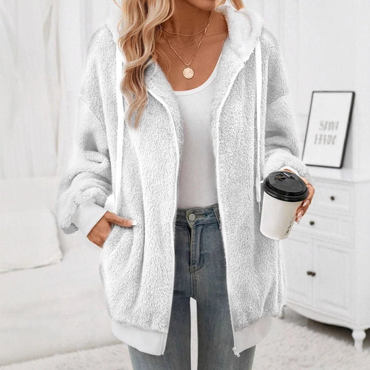 Damen Kuschelige Teddy-Fleece-Kapuzenjacke mit Reißverschluss und Oversized-Schnitt EB