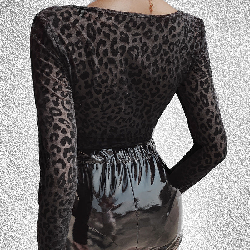 Damen Elegantes transparente Bodysuit mit zarter Leopardenmusterung EB