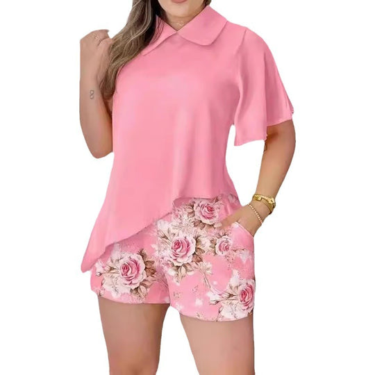 Damen Bluse mit schwingendem Schnitt und Blumenmuster Shorts EB